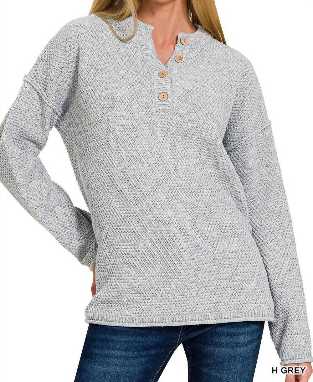 NEW ZENANA henley basic sweater in heather grey